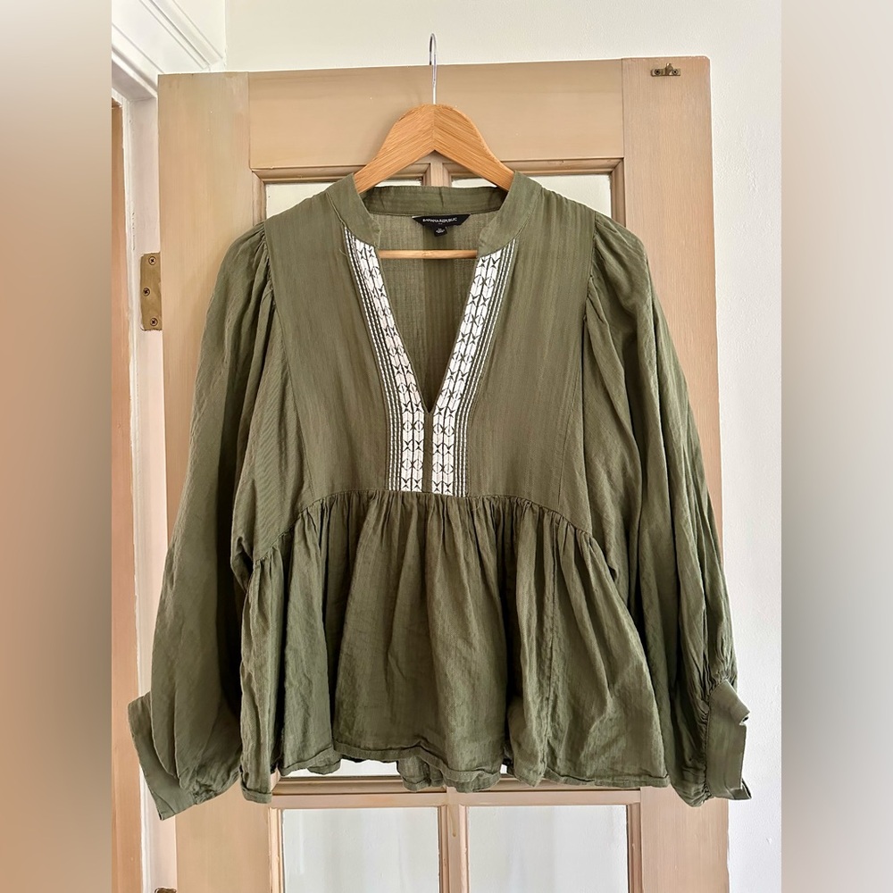 Banana Republic - Olive Green Embroidered Peplum Top